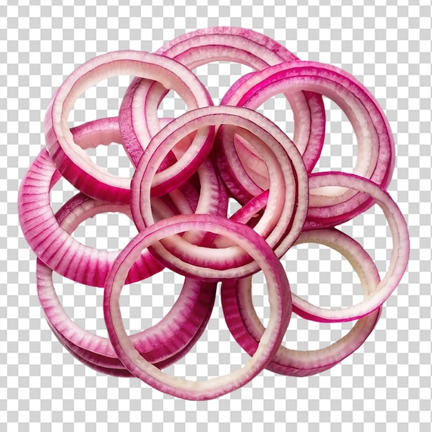 PSD fresh red raw onion rings top view isolated on transparent background