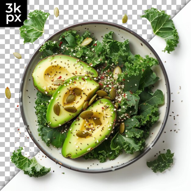 PSD fresh salad with avocado and kale on transparent background