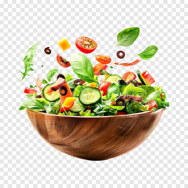 Fresh salad with flying vegetable ingredients on a transparent background