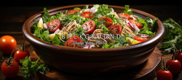 Fresh salad with tuna cherry tomatoes and arugula on wooden background