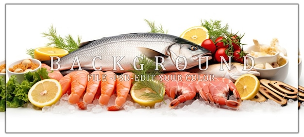 PSD fresh seafood display on ice with lemon and herbs