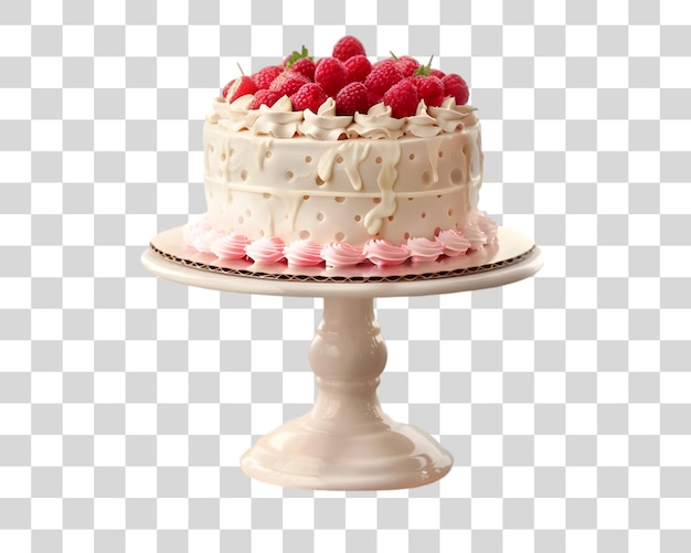 PSD fresh strawberries garnishing a cake on a stand on transparent background