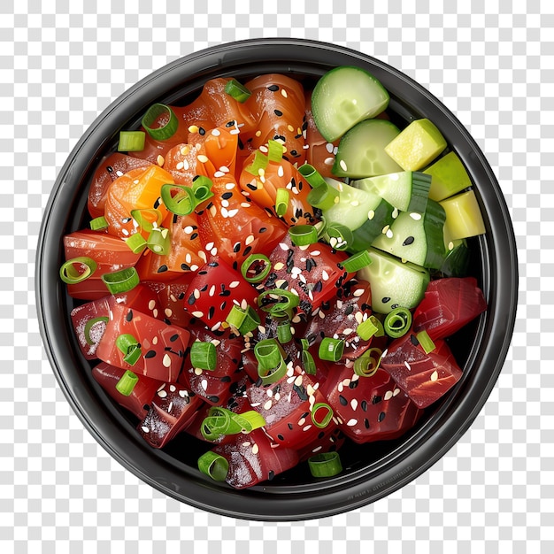 fresh Take out poke bowl closeup topview realistic vegetable heal isolated on transparent background