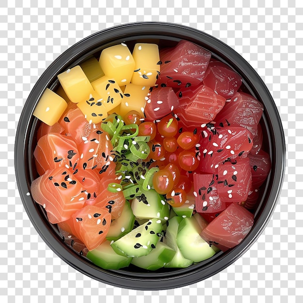 fresh Take out poke bowl closeup topview realistic vegetable heal isolated on transparent background