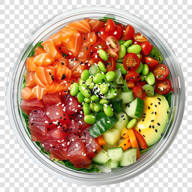 fresh Take out poke bowl closeup topview realistic vegetable heal isolated on transparent background