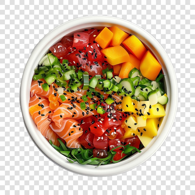 fresh Take out poke bowl closeup topview realistic vegetable heal isolated on transparent background