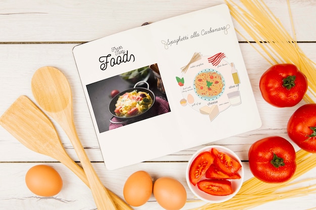 Fresh tasty foods menu book with eggs and tomatoes