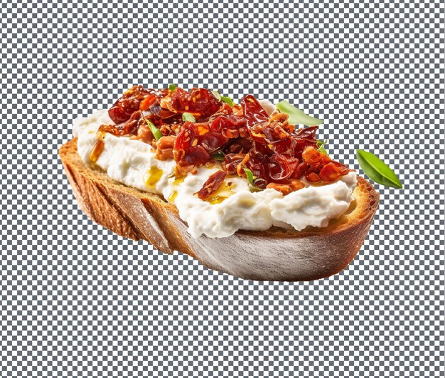 Fresh and Tasty Mozzarella and Sun Dried Tomato Crostini isolated on transparent background