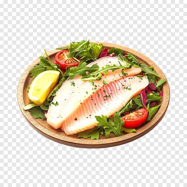 PSD fresh tilapia fillet with lemon pieces and salad isolated on a clear background