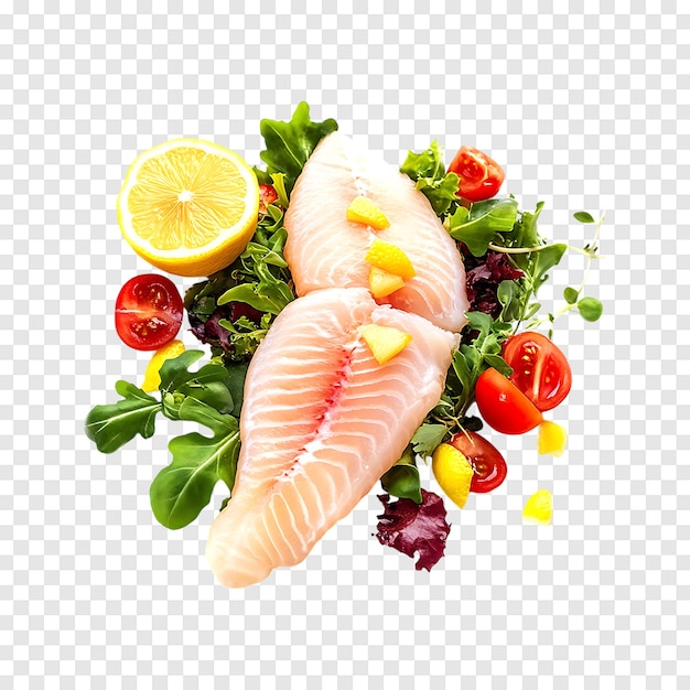 Fresh tilapia fish fillet with lemon and salad isolated on a transparent background