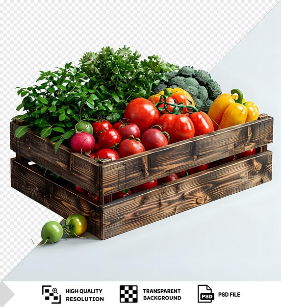 PSD fresh tomatoes peppers and broccoli arranged in a wooden crate with a transparent background