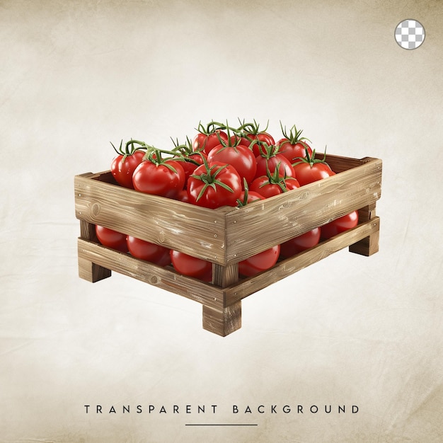 Fresh Tomatoes in a Wooden Crate isolated on transparent background