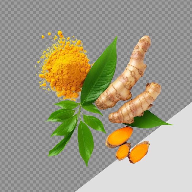 Fresh turmeric with leaves png isolated on transparent background