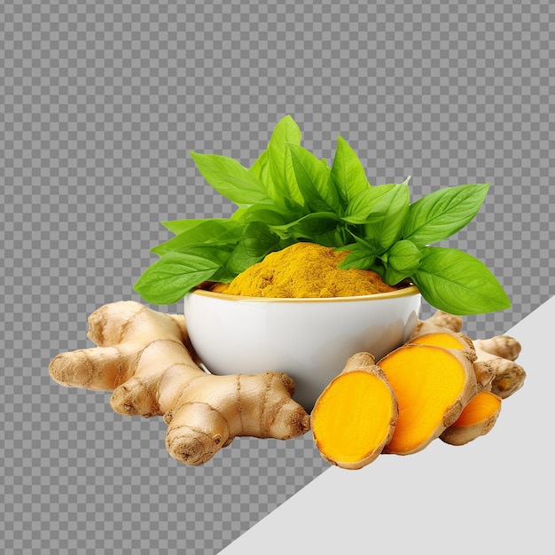 Fresh turmeric with leaves png isolated on transparent background