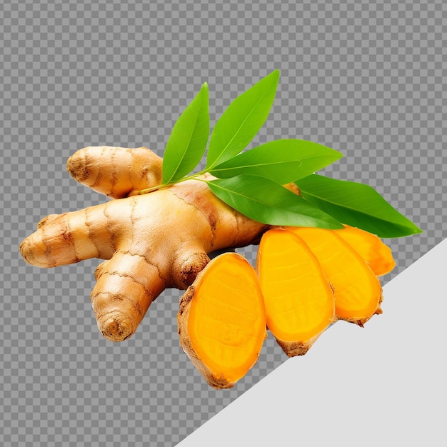 Fresh turmeric with leaves png isolated on transparent background