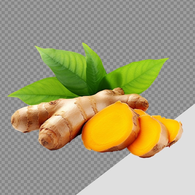 Fresh turmeric with leaves png isolated on transparent background