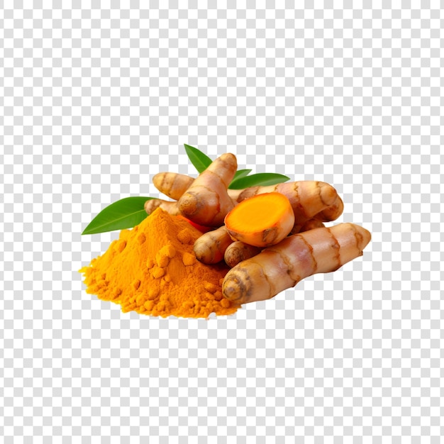 PSD fresh turmeric with powder with leaves isolated on a transparent background