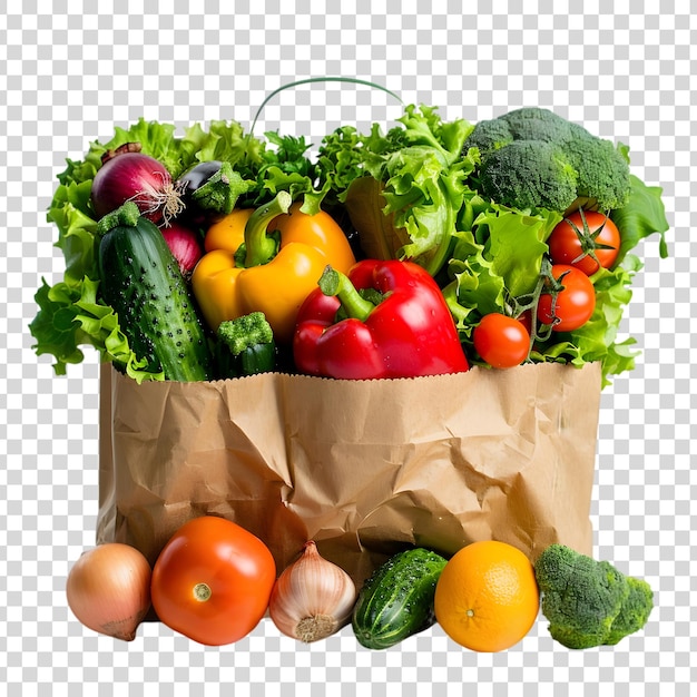 Fresh vegetables in a paper bag isolated on a transparent background