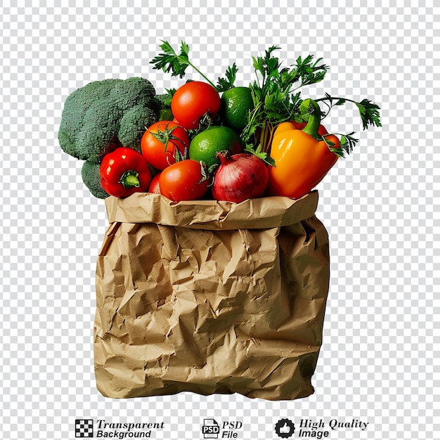 Fresh vegetables in a recyclable paper bag isolated on transparent background