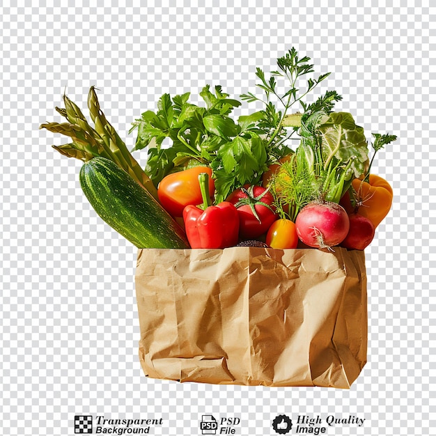 Fresh vegetables in a recyclable paper bag isolated on transparent background