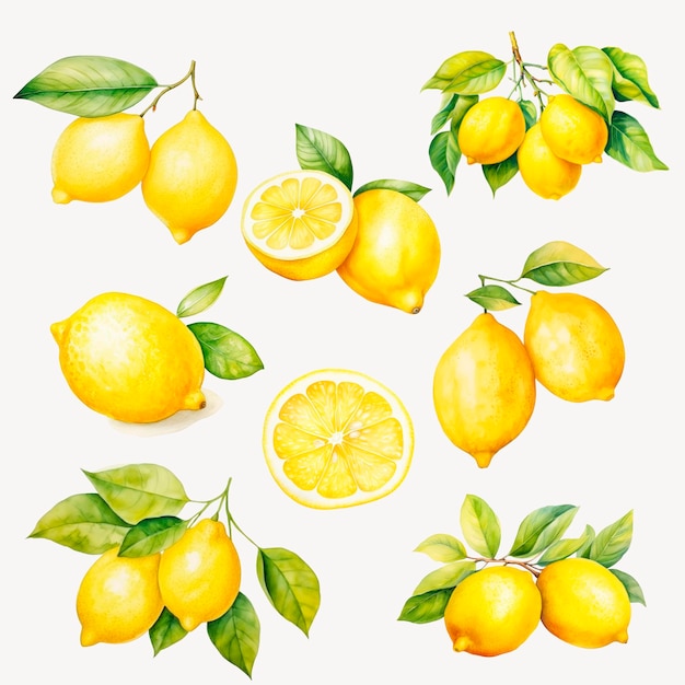 Fresh vibrant lemons watercolor illustration