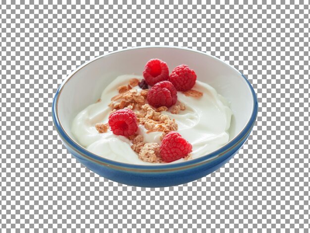 PSD fresh yogurt bowl with raspberry and granola on transparent background