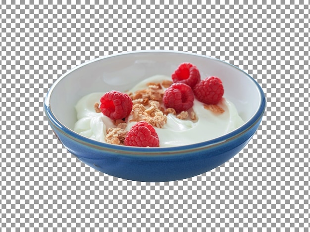 Fresh yogurt bowl with raspberry and granola on transparent background