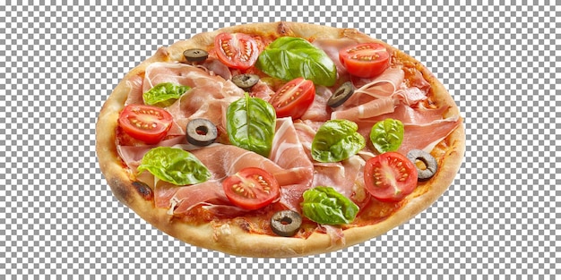 Freshly baked beef pizza isolated on transparent background