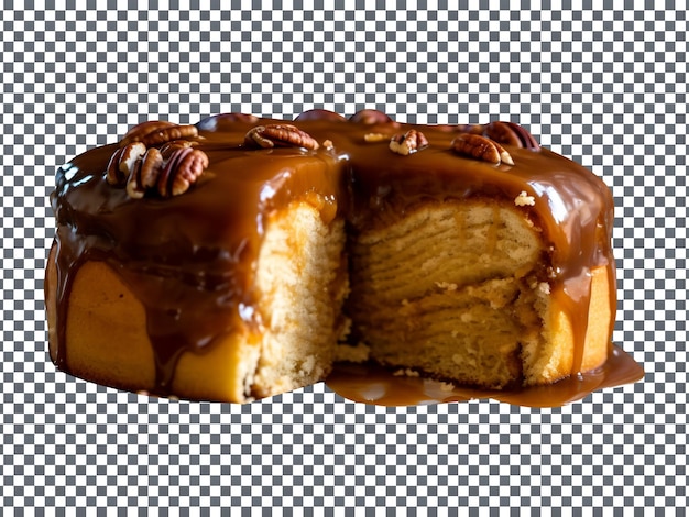 Freshly baked chocolate caramel cake isolated on transparent background