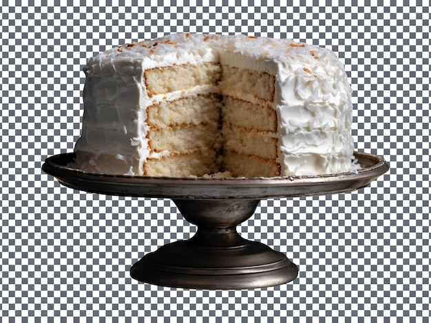 Freshly baked coconut cake with a slice cut out isolated on transparent background