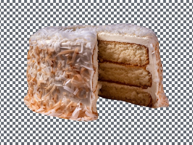 Freshly baked coconut cake with a slice cut out isolated on transparent background