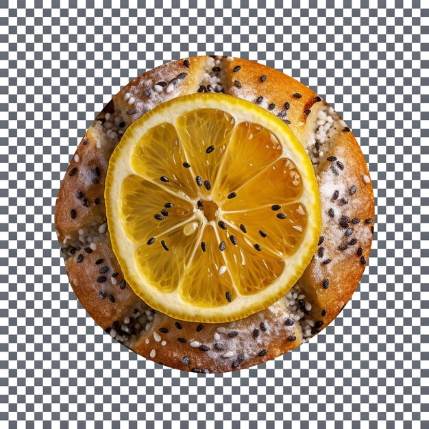 Freshly baked lemon poppy seeds muffin top view isolated on transparent background