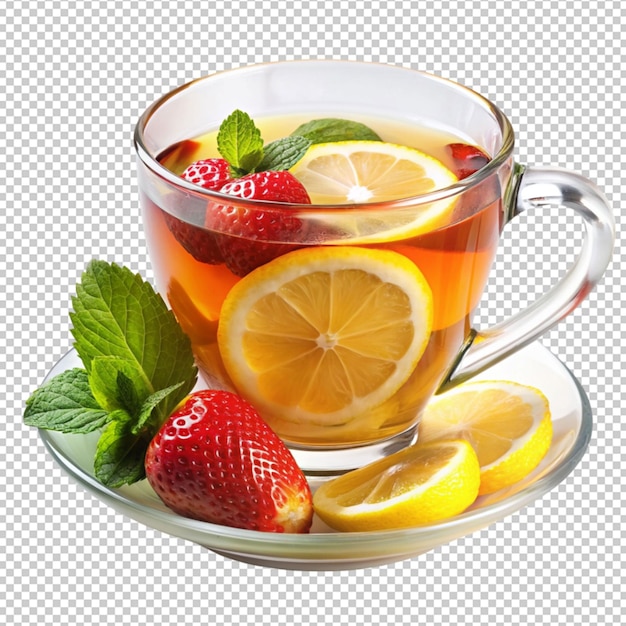 PSD freshly brewed tea with lemon and strawberries isolated on transparent background