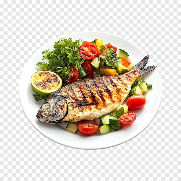 Freshly grilled tilapia fish and colorful vegetables isolated on a transparent background