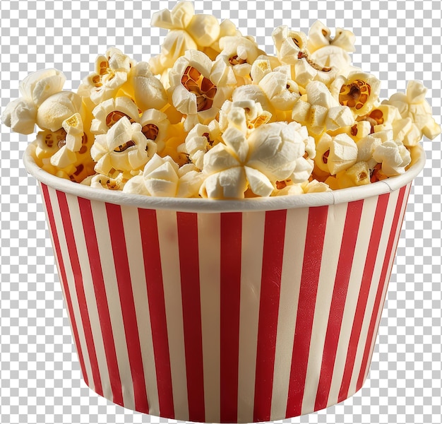 Freshly popped popcorn in a classic striped container cut out transparent