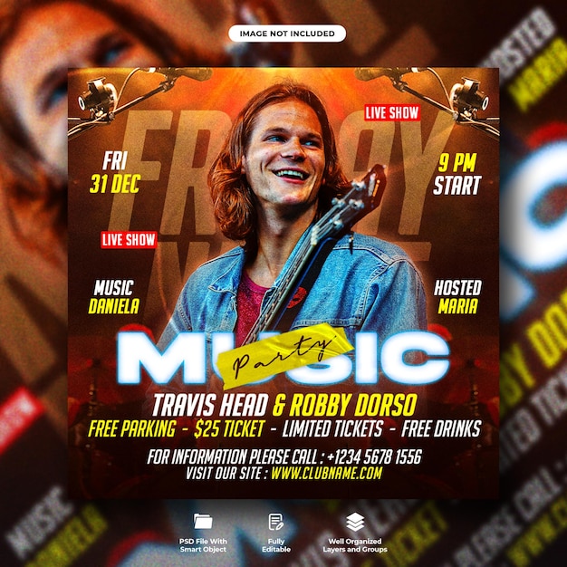 Friday music night party flyer and social media post web banner template