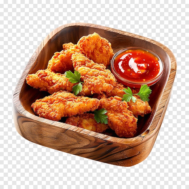 Fried breaded chicken fillet strips and sweet chili sauce isolated on a transparent background