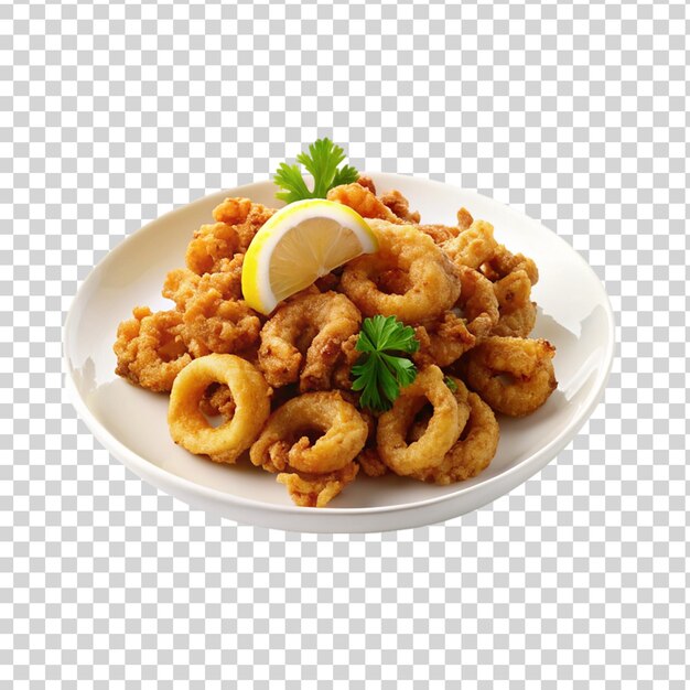 Fried calamari on white plate isolated on transparent background