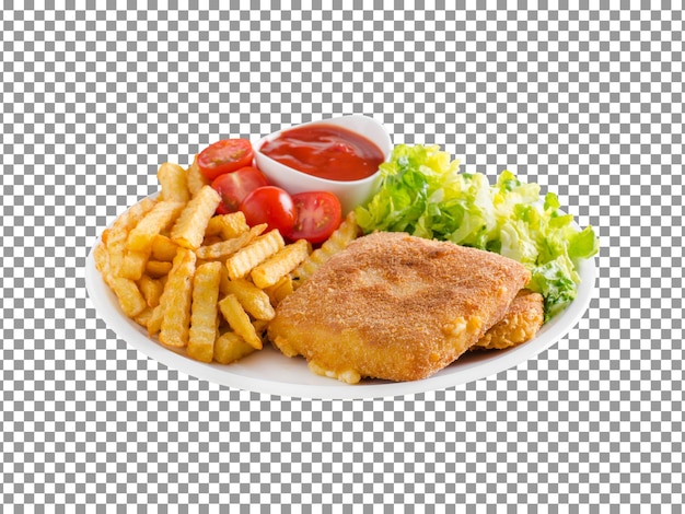 Fried cheese with french fried with sauce isolated on transparent background