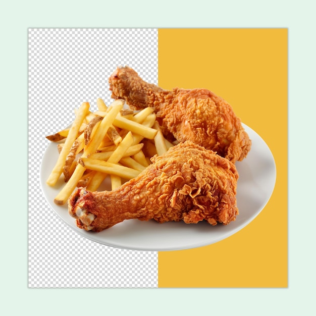 Fried chicken PSD Fried Chicken legs with french fries on a plate isolated