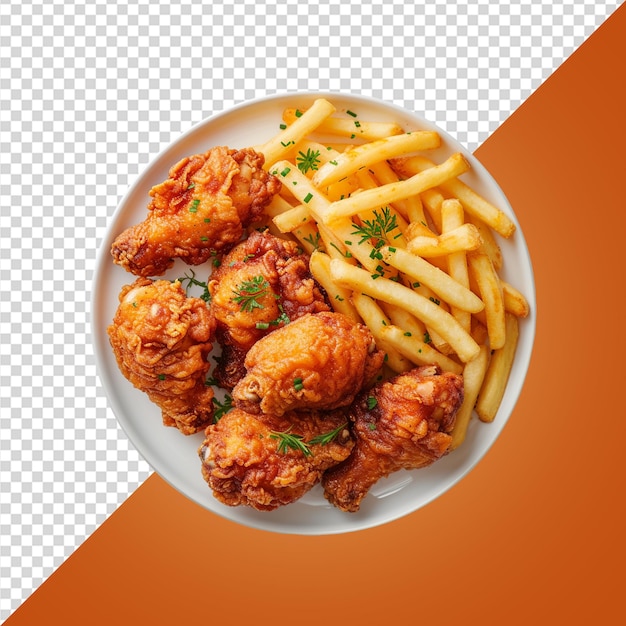 Fried chicken with french fries on a wooden board top view on transparent background