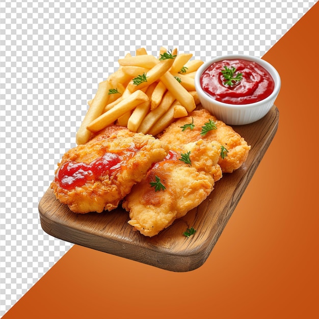 Fried chicken with french fries on a wooden board top view on transparent background