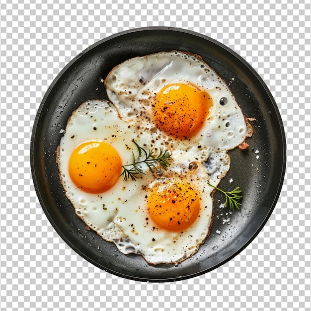 Fried eggs in the new nonstick frying pan on white background