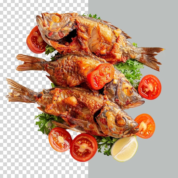 Fried fish in plate png isolated on transparent background