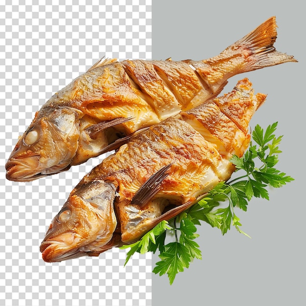 Fried fish in plate png isolated on transparent background