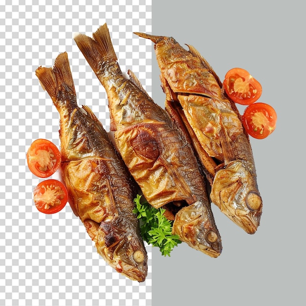 Fried fish in plate png isolated on transparent background