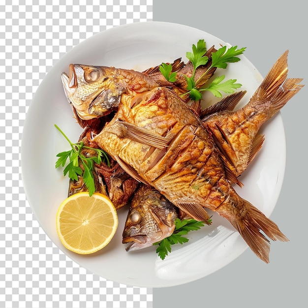 Fried fish in plate png isolated on transparent background