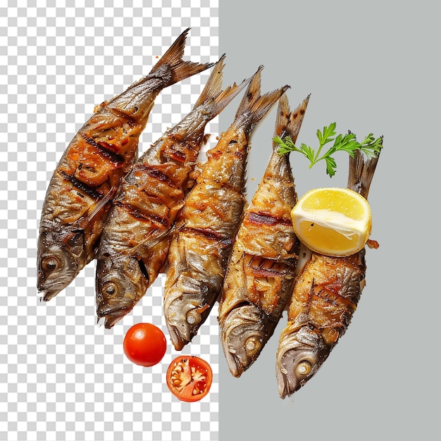 Fried fish in plate png isolated on transparent background