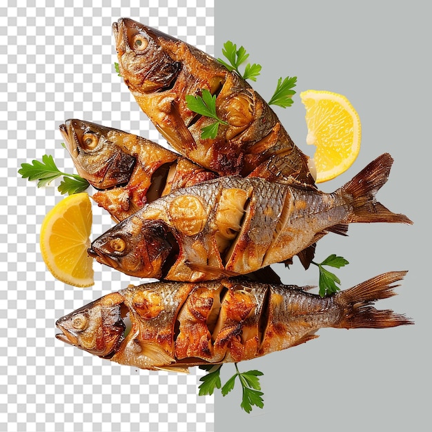 Fried fish in plate png isolated on transparent background