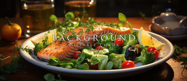 PSD fried salmon steak and vegetables served on the kitchen table